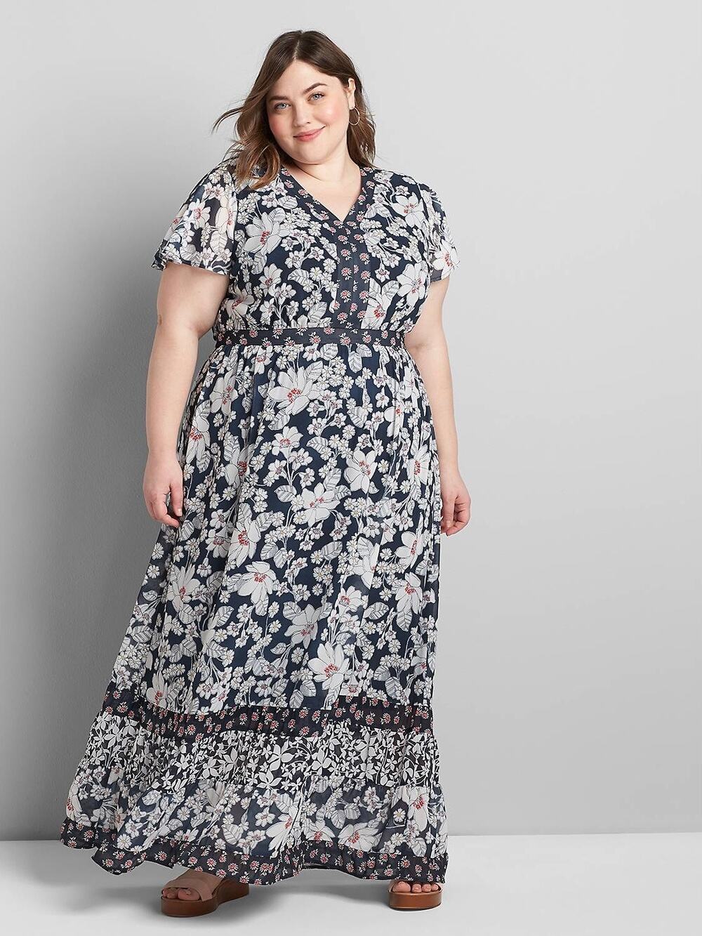Lane Bryant Navy Blue Floral Chiffon Maxi Dress Sz.22W NWT
